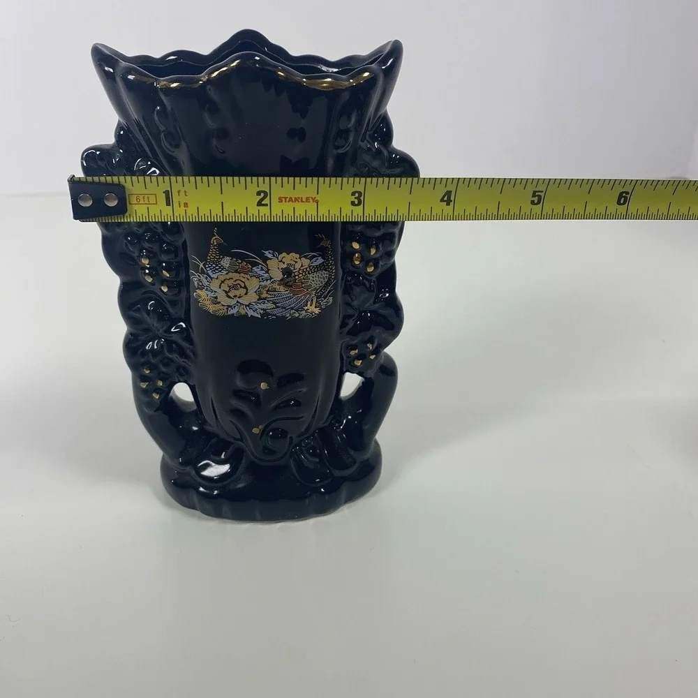 Japanese Style Black Boat Vase And Two Medium with Peacock Floral Scene 3 Pieces